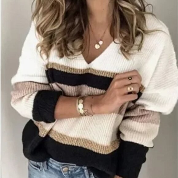 Pretty Garden Stripe V-Neck Knit Sweater Oversized Metallic Copper M - Picture 1 of 12